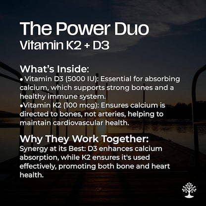 Vitamin D3 K2 Supplement, 5000 IU - Supports Immune and Cardiac Wellness, High Potency, Gluten Free, 60 Capsules