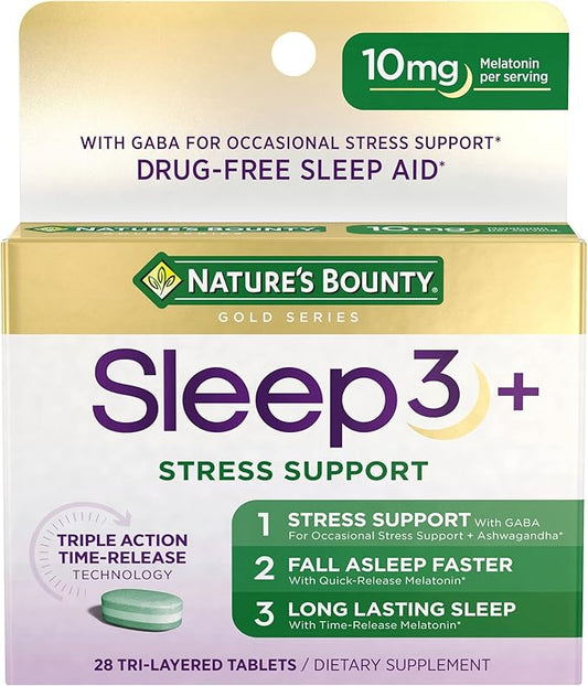 Stress Support Melatonin by Nature's Bounty, Sleep3 Maximum Strength 100% Drug Free Sleep Aid, Dietary Supplement with Ashwagandha, Time Release Technology, 10mg, 28 Tri-Layered Tablets