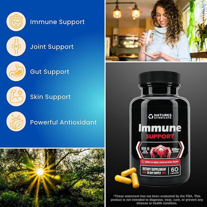 Immune Support Supplement - 10-in-1 with Echinacea, Elderberry, Garlic, Turmeric with Zinc, Vitamin C, E, B6 & L-Glutamine, 4.8 Billion CFU Probiotic for Adults