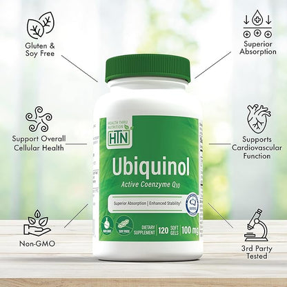 Health Thru Nutrition Ubiquinol 100mg 120 Softgels as Kaneka QH Reduced CoQ-10 | Stabilized - 3rd Party Tested | Enhanced Bioavailability | Cardiovascular & Mitochondria Function Support | Non-GMO