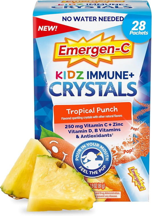 Emergen-C Kidz Immune Plus Crystals, On-The-Go Immune Support Supplement with Vitamin C, Vitamin D, B Vitamins, Zinc and Manganese, Tropical Punch - 28 Stick Packs