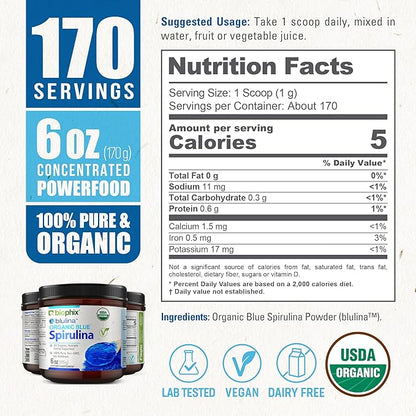 biophix Blue Spirulina Powder Organic 6 oz – Natural Dye Pigment Nutrient-Rich Algae – Blue Algae Supplement – Pure Organic Espirulina Azul en Polvo – 170 Servings