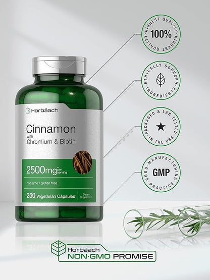 Horbäach Cinnamon with Chromium Picolinate 2500mg | 250 Capsules | Plus Biotin | Vegetarian, Non-GMO, Gluten Free