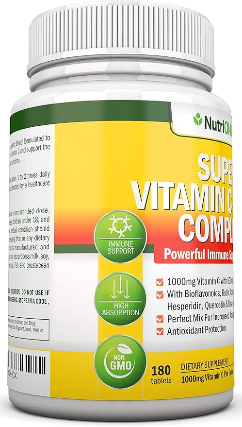 Super Vitamin C Complex - 1695Mg - 180 Tablets - With 530 mg Natural Citrus Bioflavonoids, Rose Hips, Rutin, Quercetin & Hesperidin For Increased Absorption - Advanced Immune Support - Non-GMO