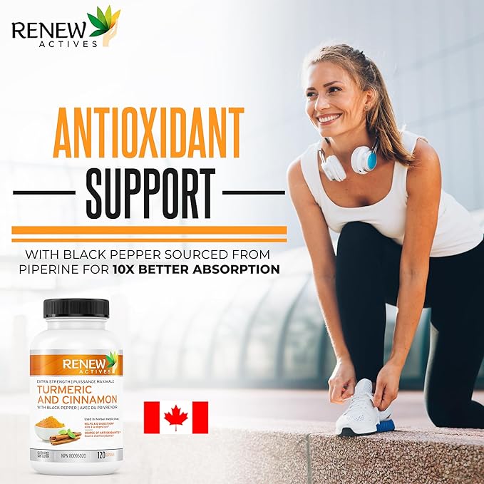 Renew Actives Organic Turmeric 474MG & Cinnamon 50MG per 2 Capsules – with Curcumin & BioPerine for Absorption – Supports Metabolism, Joint Health & Digestion – Made in Canada – 120 Capsules