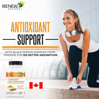 Renew Actives Organic Turmeric 474MG & Cinnamon 50MG per 2 Capsules – with Curcumin & BioPerine for Absorption – Supports Metabolism, Joint Health & Digestion – Made in Canada – 120 Capsules