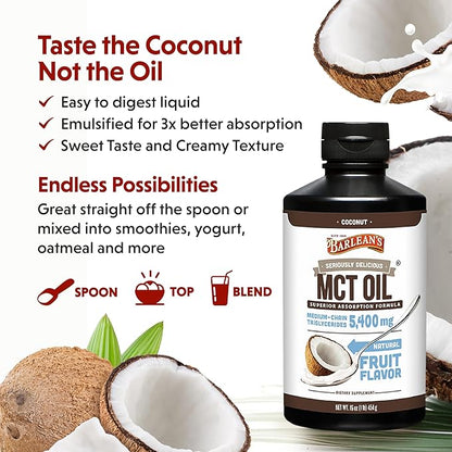 Barlean's MCT Oil Supplement, Coconut Flavored for Keto Coffee, Emulsified Creamy Liquid Syrup with 5,400mg Plant-Based MCT's to Support Energy, Focus and Wellness, 16 oz