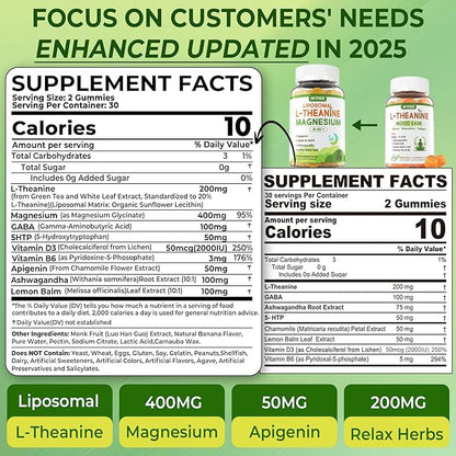 Liposomal L-Theanine 200mg Magnesium Glycinate 400mg Gummies with GABA, 5HTP, Apigenin, Vitamin B6 & D3, Ashwagandha, Lemon Balm Leaf, Melatonin Free Sleep Chewable for Relax Mood & Muscle, 2 Packs