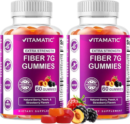 Vitamatic Prebiotic Fiber Gummies for Adults – 2 Pack (Total 120 Gummies) 7g Fiber per Serving | Extra Strength | Zero Sugar Added | Pectin-Based | Digestive Health & Regularity Support