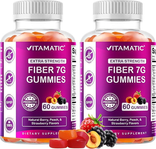 Vitamatic Prebiotic Fiber Gummies for Adults – 2 Pack (Total 120 Gummies) 7g Fiber per Serving | Extra Strength | Zero Sugar Added | Pectin-Based | Digestive Health & Regularity Support
