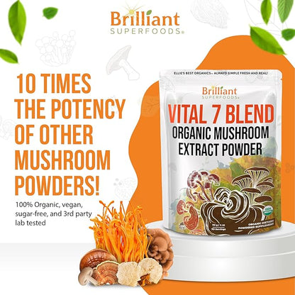 Ellie's Best 7 Mushroom Powder Extract Organic Blend - Reishi, Lion's Mane, Chaga, Turkey Tail, Cordyceps, Maitake & Shiitake - Double Extracted - Pure No Fillers - 8oz / 228 1g Servings……