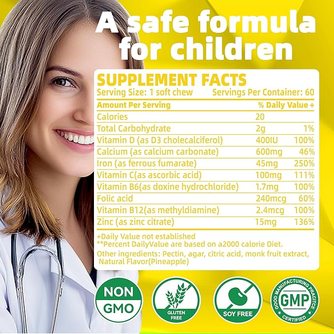 Iron Soft Chew Supplement with Vitamin C | Pineapple Flavored | Gluten Free | Iron Supplement for Women Men and Kids | 60 Count | 2 Month Supply