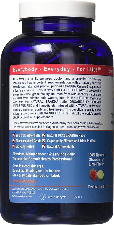 Fish Oil Capsules, Omega Sufficiency by Innate Choice, Strawberry Lime 240 Capsules