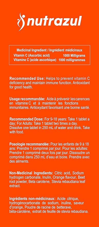 Nutrazul Vitamin C 1000mg Effervescent Tablets- Orange 20’s | 20 Days Supply | Gluten Free, Lactose Free, Sugar Free & Preservative Free | Maintains Immune Function