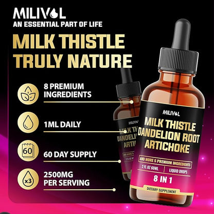 8in1 Milk Thistle Liquid Drops with Dandelion Root, Artichoke Leaf and 5 More Herbals - 60 Days Supply - 2 Fl Oz