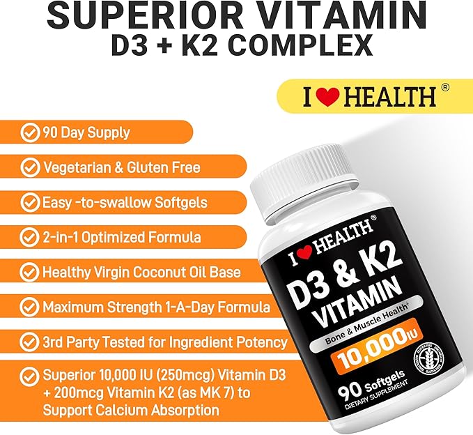 I LOVE HEALTH® Triple Strength Vitamin D3 10,000 IU with K2 (MK-7) Supplement - 90 Softgels - Non-GMO - Gluten-Free - Support Heart & Immune, Bone & Teeth Health - Enhanced Absorption - Made in USA