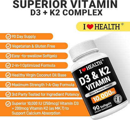 I LOVE HEALTH® Triple Strength Vitamin D3 10,000 IU with K2 (MK-7) Supplement - 90 Softgels - Non-GMO - Gluten-Free - Support Heart & Immune, Bone & Teeth Health - Enhanced Absorption - Made in USA
