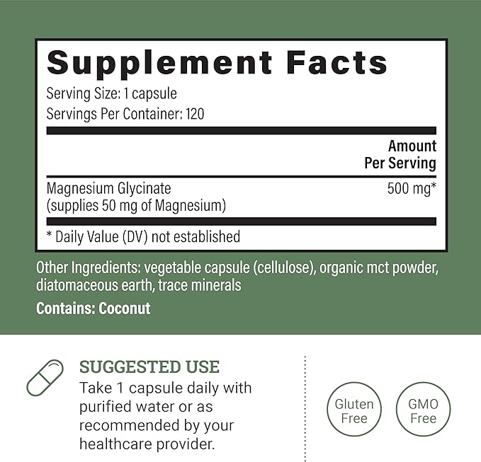 Pure Magnesium Glycinate 500mg - Chelated Magnesium Supplement, High Absorption Capsules for Sleep, Glicinato De Magnesio with Organic MCT Powder (120 Capsules)
