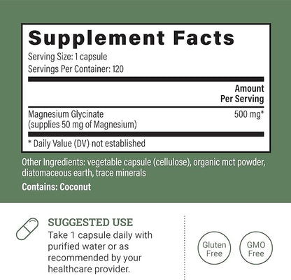Pure Magnesium Glycinate 500mg - Chelated Magnesium Supplement, High Absorption Capsules for Sleep, Glicinato De Magnesio with Organic MCT Powder (120 Capsules)