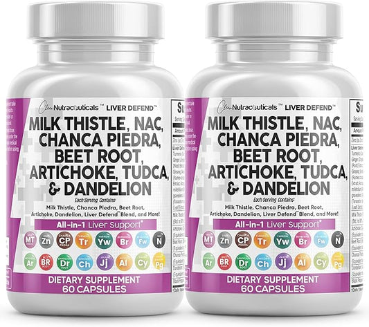 Clean Nutraceuticals Milk Thistle NAC Chanca Piedra Beet Root Artichoke Dandelion Root - Liver Cleanse Supplement Plus TUDCA Choline & Ginger - 2Pack