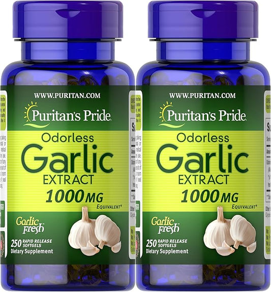 Puritan's Pride Premium Odorless Garlic (1000mg Equivalent), Traditional Dietary Supplement for Heart Health and Circulation Support with Antioxidant Properties, 250 Rapid Release Softgels, 2 Pack