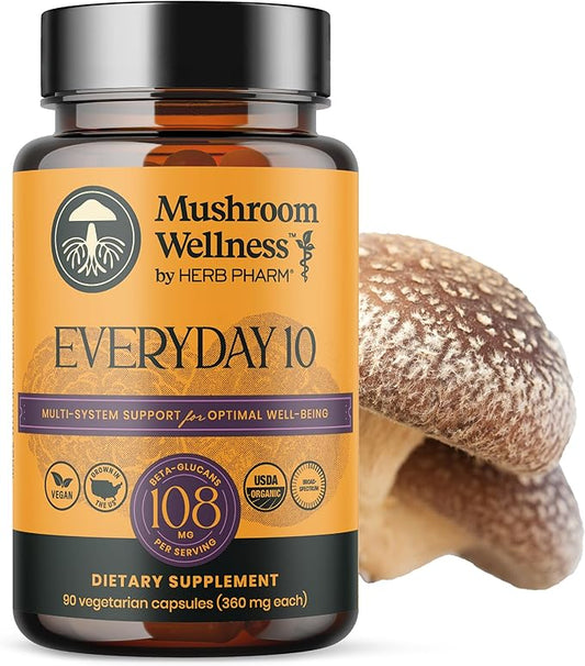 Mushroom Wellness Everyday 10: Organic 10-in-1 Mushroom Capsules with Lion's Mane, Shiitake, Reishi, Turkey Tail & More, Mushroom Powder Supplement, Immune & Nervous System Support, 90 Vegan Capsules