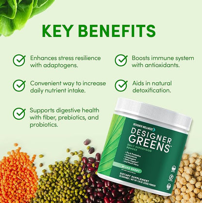 Designer Wellness, Designer Greens Superfood Powder with Prebiotics, Probiotics, Antioxidants, and Detox Support, 30 Servings