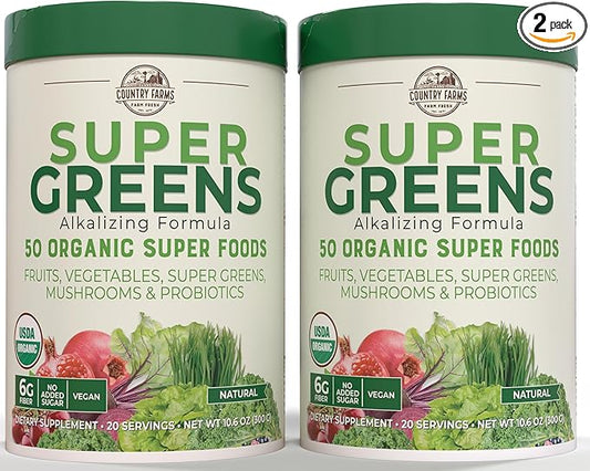 COUNTRY FARMS Super Greens Natural Flavor, 50 Organic Super Foods, USDA Organic Drink Mix, Fruits, Vegetables, Super Greens, Mushrooms & Probiotics, Supports Energy, 40 Servings, 10.6 Oz, 2 Pack