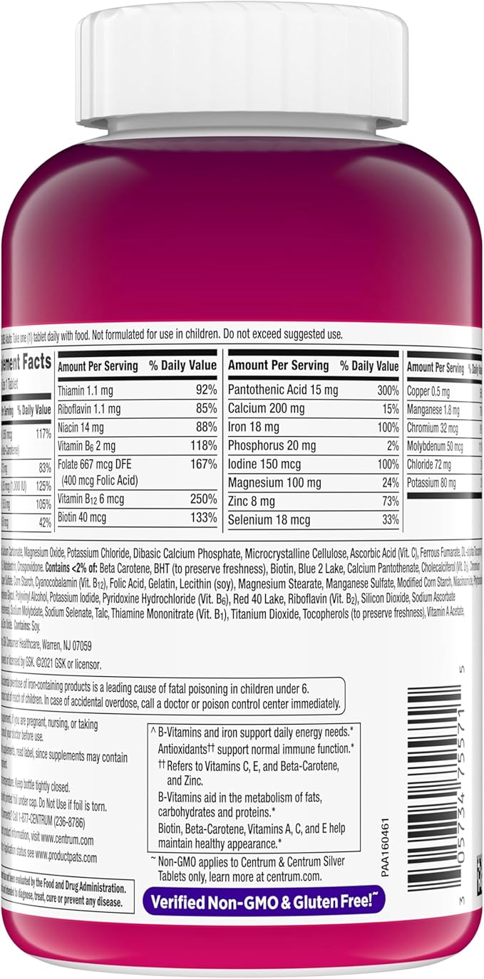 Centrum Multivitamin Tablet for Women, Multivitamin/Multimineral Supplement with Iron, Vitamin D3, B Vitamins and Antioxidant Vitamins C and E, Gluten Free, Non-GMO Ingredients - 200 Count