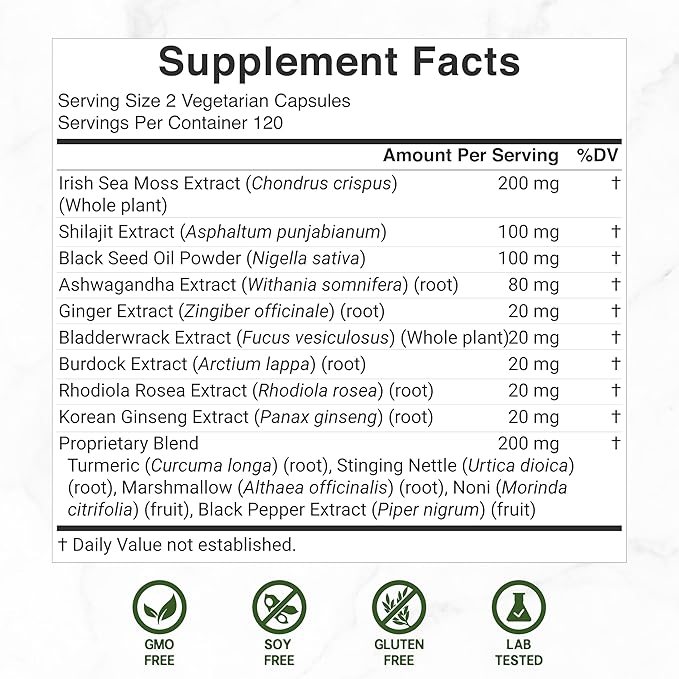 DEAL SUPPLEMENT Irish Sea Moss 7000mg Per Serving, 240 Veggie Capsules – 14 Superfood Complex – 3000mg Black Seed Oil, 2000mg Ashwagandha, 600mg Ginger