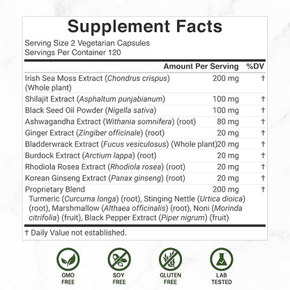 DEAL SUPPLEMENT Irish Sea Moss 7000mg Per Serving, 240 Veggie Capsules – 14 Superfood Complex – 3000mg Black Seed Oil, 2000mg Ashwagandha, 600mg Ginger