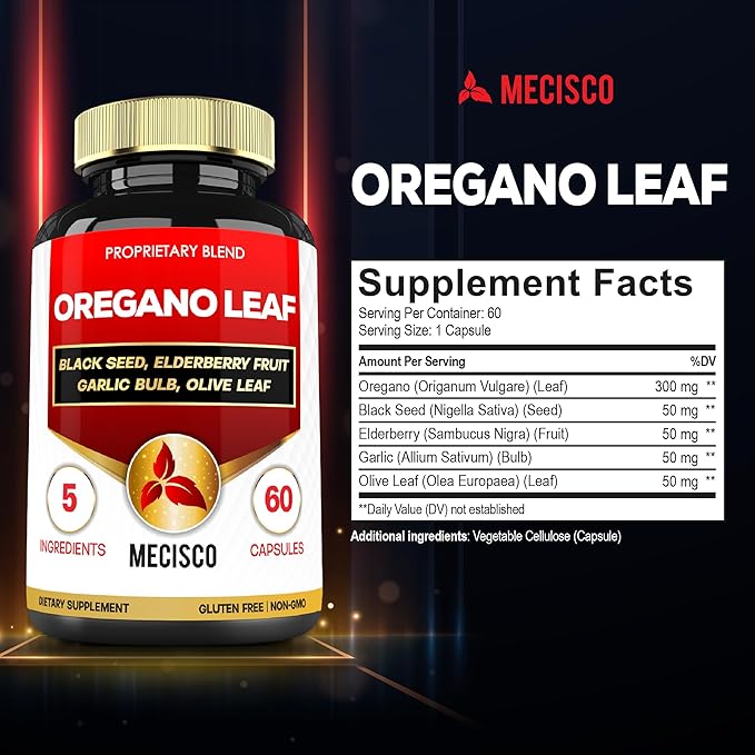 5in1 Oregano Capsules with Oregano Leaves and Black Seed, Elderberry, Garlic Bulb, and Olive - Support Immune & Digestive Health for Men and Women - 60 Count for 2 Months Supply