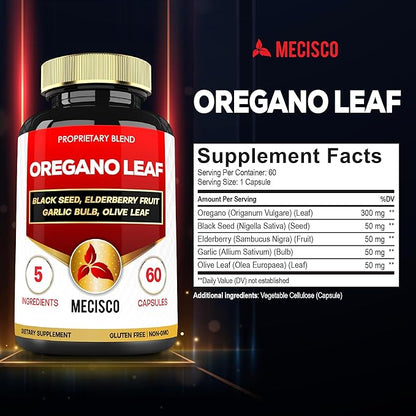 5in1 Oregano Capsules with Oregano Leaves and Black Seed, Elderberry, Garlic Bulb, and Olive - Support Immune & Digestive Health for Men and Women - 60 Count for 2 Months Supply