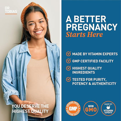 Dr. Tobias Prenatal Vitamin Gummy, Iron Free Prenatal Vitamins with DHA and Folic Acid, Niacin, Biotin, B6, & B12, Includes Fish Oil, for Pre & Postnatal Support, 60 Gummies, 30 Servings