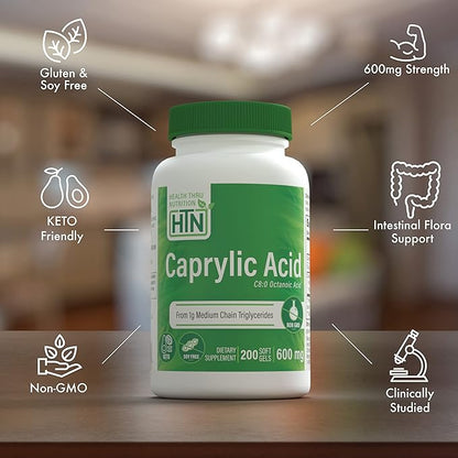 Health Thru Nutrition Caprylic Acid 600mg 200 Softgels | C8 Octanoic Acid from Pure 1g MCT Oil | Non-GMO & Soy Free | Support Healthy Digestive and Intestinal Health | Keto Friendly