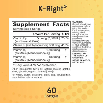 Jarrow Formulas K-Right - Vitamin K-Complex (K1, MK-4, MK-7, D3) - 60 Servings (Softgels) - Dietary Supplement for Bone & Cardiovascular Health Support - Vitamin K2 MK-7 - Gluten Free, Pack of 12
