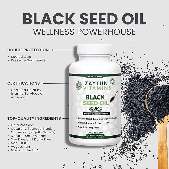 Halal Black Seed Oil, Supports Heart, Brain and Immune Health, Natural Anti-Oxidant, Non-GMO, Cold-Pressed, 90 Veggie Capsules, Made in USA - Halal Vitamins
