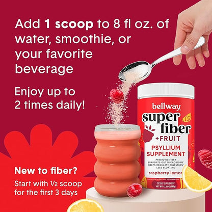 Bellway Super Fiber Powder + Fruit, Sugar Free Organic Psyllium Husk Powder Fiber Supplement for Regularity, Bloating Relief & Gut Health, Non-GMO, Plant-Based, Raspberry Lemon (50 Servings)