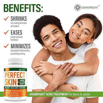 Perfect Skin Acne Capsules – Niacinamide, Biotin, Vitamin A & Probiotics for Teens & Adults – 13 Powerful Ingredients for Face Acne, Acne Scars & Dark Spots – 60 Vegan Capsules, Made in the USA