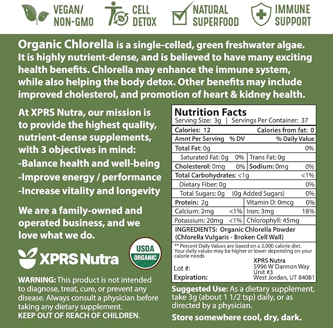 XPRS Nutra Organic Chlorella Powder - Broken Cell Wall Chlorophyll Powder - Chlorella Organic Powder for Immunity - Vegan Friendly Chlorella Powder Organic for Complete Protein (4 Ounce)