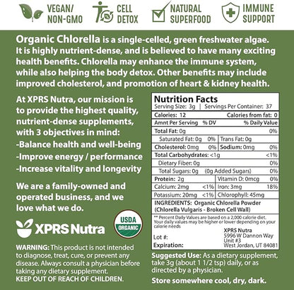 XPRS Nutra Organic Chlorella Powder - Broken Cell Wall Chlorophyll Powder - Chlorella Organic Powder for Immunity - Vegan Friendly Chlorella Powder Organic for Complete Protein (4 Ounce)