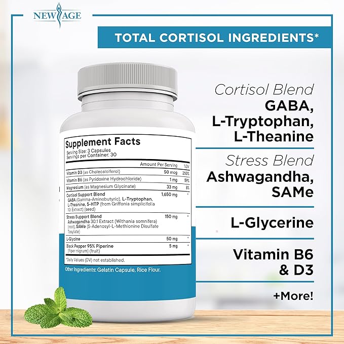 NEW AGE Cortisol Supplement for Women - Cortisol Detox Manager Reducer- Ashwagandha, GABA, 5 HTP, L-Tryptophan, L-Theanine - 90 Count
