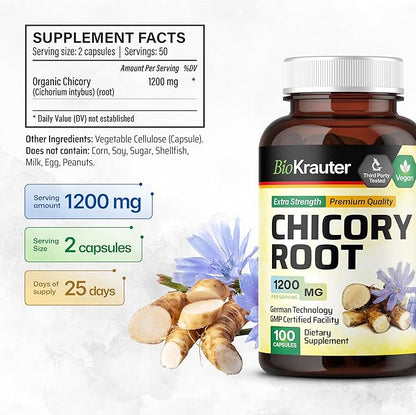 BIO KRAUTER Chicory Fiber Supplement - 1200 mg Strength - 100 Count - Chicory Root Powder - Inulin Capsules for Digestive Support - Vegan