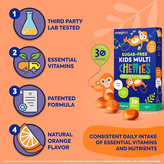 OmegaVia Sugar Free Kids Multivitamin Chewies - Daily Chewable Gummy Vitamins for Kids 3+, Vitamin A, C, D3, E, B6 & B12, Folate & More, Natural Orange Flavor, 30 Count