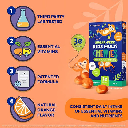 OmegaVia Sugar Free Kids Multivitamin Chewies - Daily Chewable Gummy Vitamins for Kids 3+, Vitamin A, C, D3, E, B6 & B12, Folate & More, Natural Orange Flavor, 30 Count