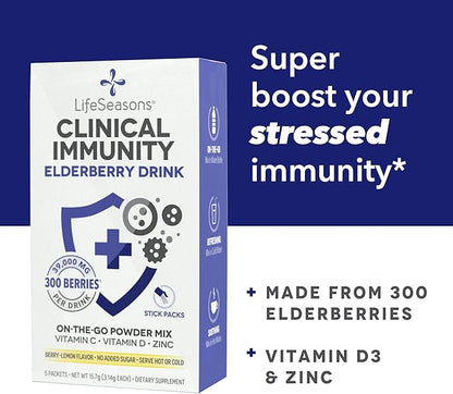 LifeSeasons Clinical Immunity - Elderberry Drink Mix - Protects & Fights for Healthy Immune Response - Immunity Booster - 3X Better Than Vitamin C - Serve Hot or Cold - Vitamin C + D + Zinc - (5 Pack)