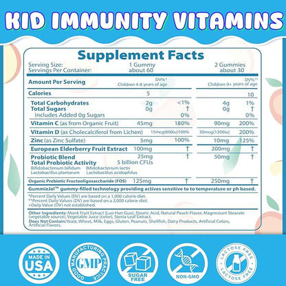Kids Immune Support Gummies, Probiotics Vitamin C Zinc & Elderberry Gummies for Kids 4+, 6-in-1 Daily Kid Vitamin C Gummies Chewable with Immune & Digestive Support, Sugar Free, Peach Flavor, 60 Count