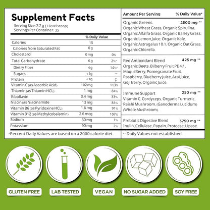 Greens Immune Support, Berry Superfood Blend Organic Vegan Greens + Reds Amazing Taste Mixed Berry Natural Flavor 270g (9.5 Oz) Detox, Gluten Free, Dietary Supplement