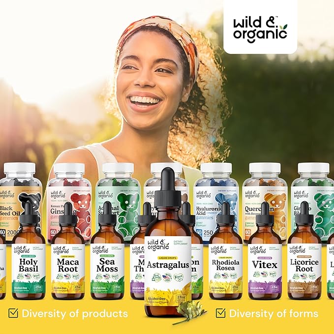 Wild & Organic Astragalus Tincture - Immune Support Drops w/Astragalus Root Extract - Herbal Supplement for Calmness & Relaxation - Vegan, Sugar & Alcohol Free - 2 fl oz