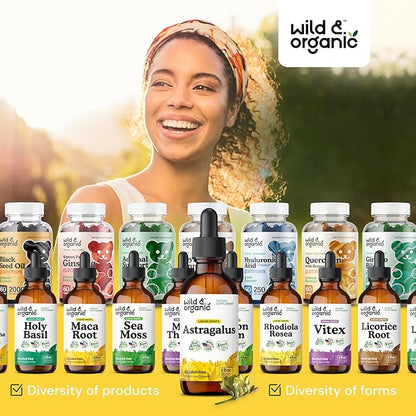 Wild & Organic Astragalus Tincture - Immune Support Drops w/Astragalus Root Extract - Herbal Supplement for Calmness & Relaxation - Vegan, Sugar & Alcohol Free - 2 fl oz